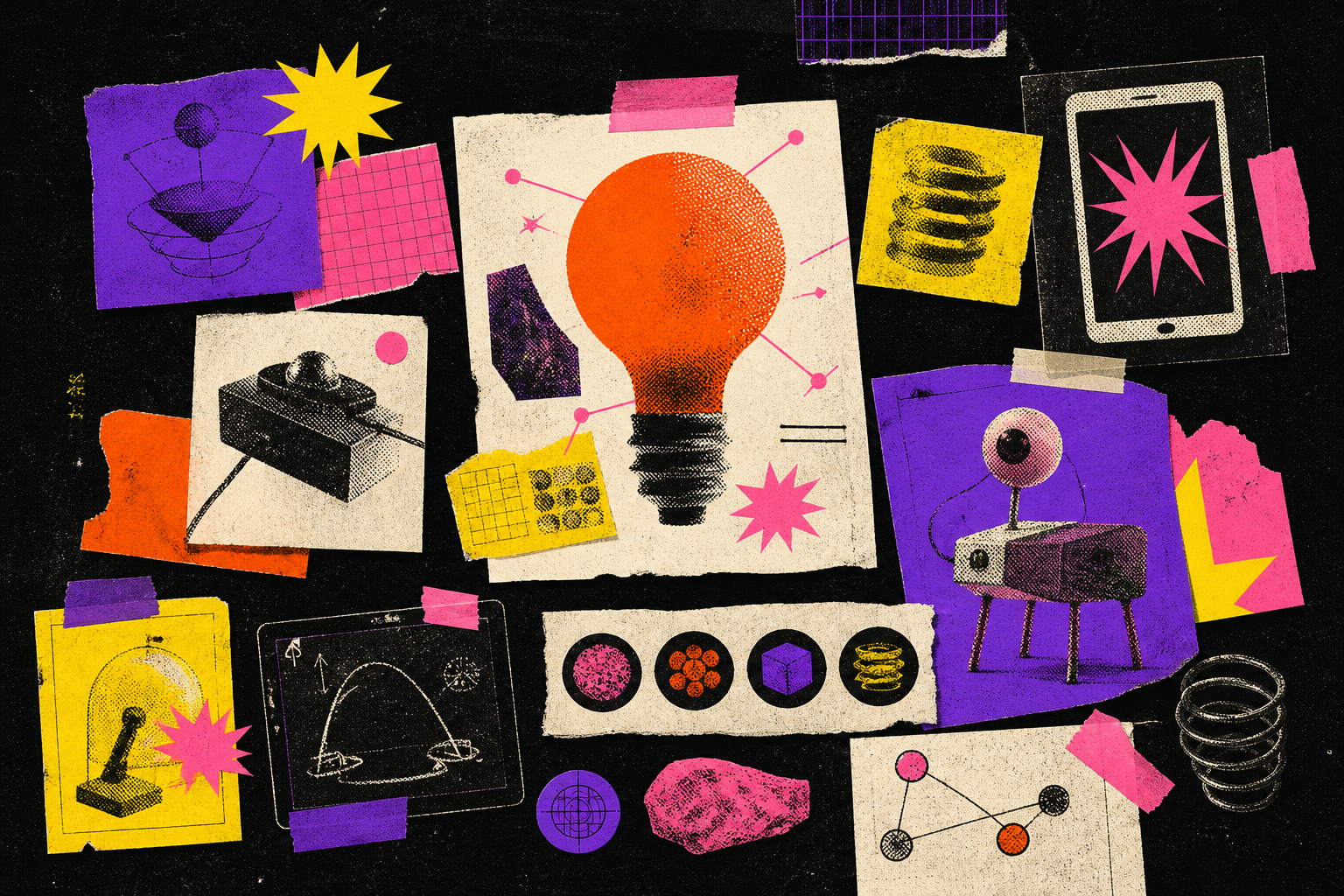 A dithered collage of experimental product lab materials